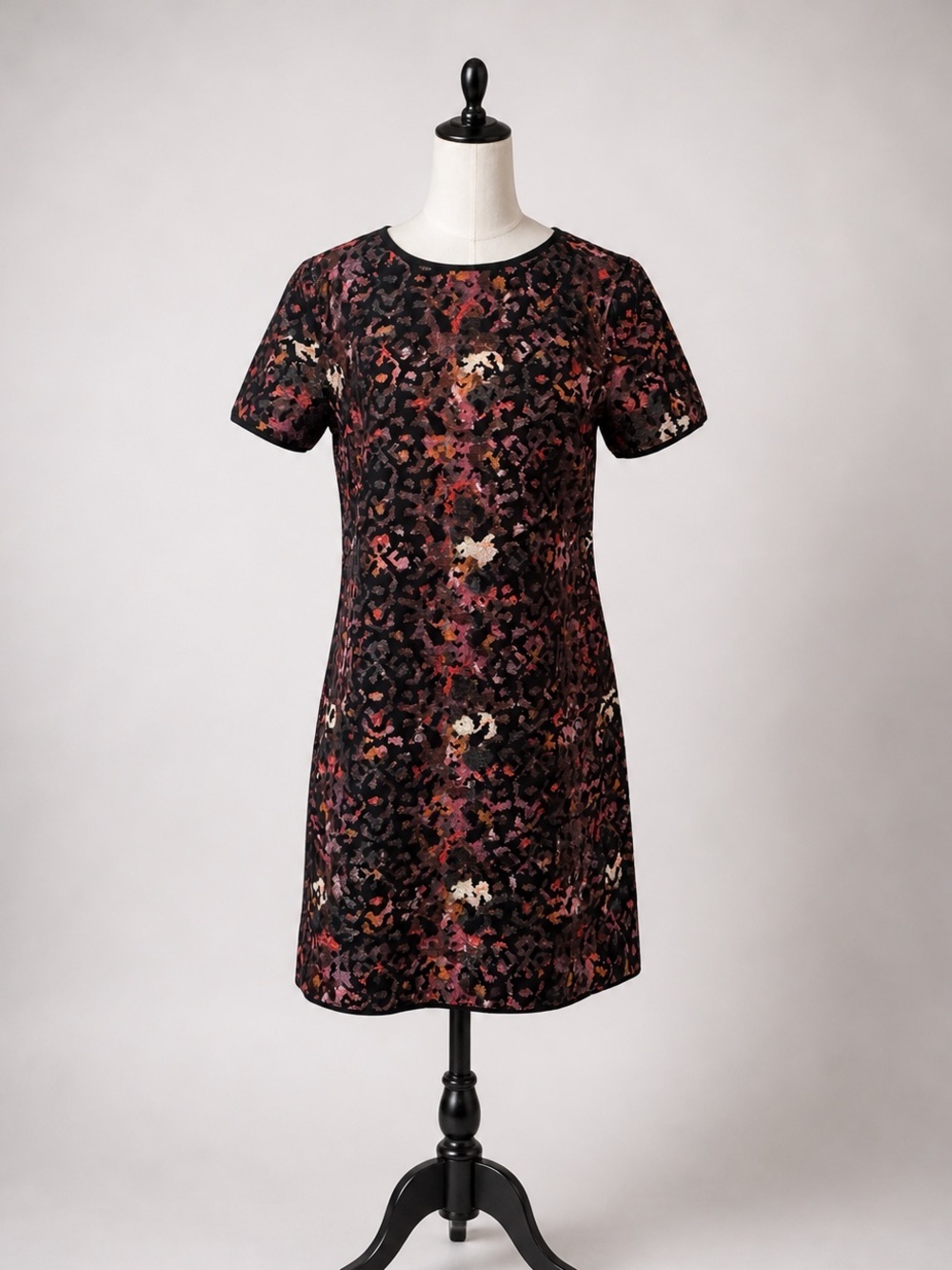 Weston Abstract Print Mini Dress Size S‎ | Black Red Metallic Lurex Sheath Dress